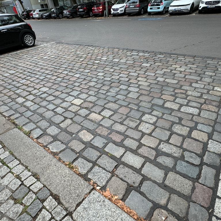 Application image for Reclaimed Swedish Granite Cobblestones - Worn Surface. The image shows this product being used in a driveway aprons application. The surface finish shown is antiqued. The dominant color shown is gray. The color mix creates a warm feeling.
