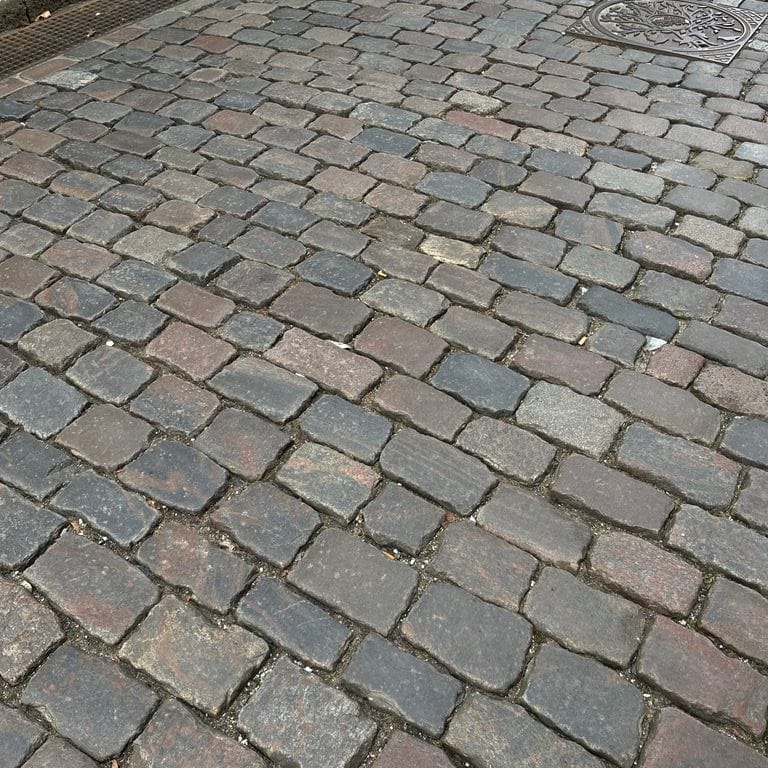 Application image for Reclaimed Swedish Granite Cobblestones - Worn Surface. The image shows this product being used in a path pavers application. The surface finish shown is . The dominant color shown is gray. The color mix creates a warm feeling.