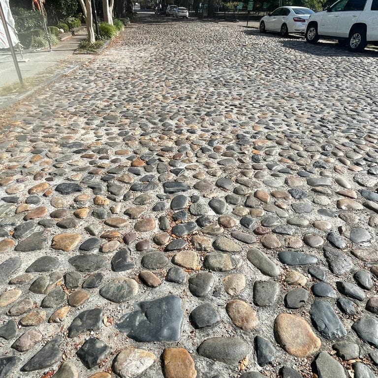 Feature image for Beach Rounds Pavers. The image shows this product being used in a driveway pavers application. Dominant colors shown are black, brown, gray and tan; with beige, green, orange/rust, white and cream secondaries. Regular color pattern.