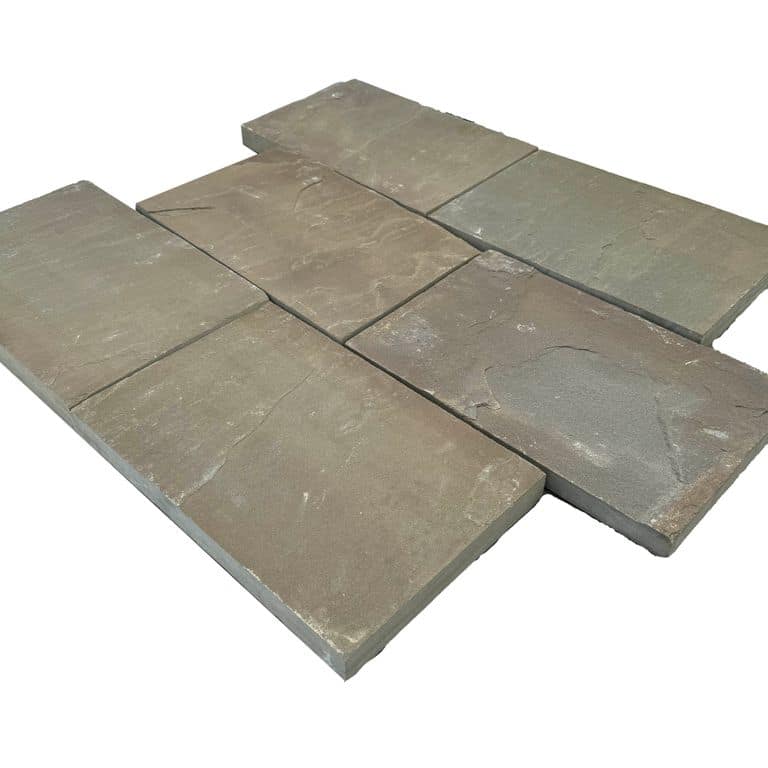 Oblique image for Bluestone - Full Color Mix Dimensional Cut Pavers Natural Cleft. The surface finish shown is natural cleft. Dominant colors shown are green and gray. The color mix creates a warm feeling.