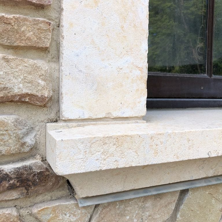 Application image for Mountain Hard Limestone Beige - Architectural Elements. The image shows this product being used in an architectural elements application. This is a building stone for indoor and outdoor commercial and residential applications. Suitable for general use, freeze-thaw conditions and low heat absorption surfaces situations. Moderate to higher on the price spectrum.
