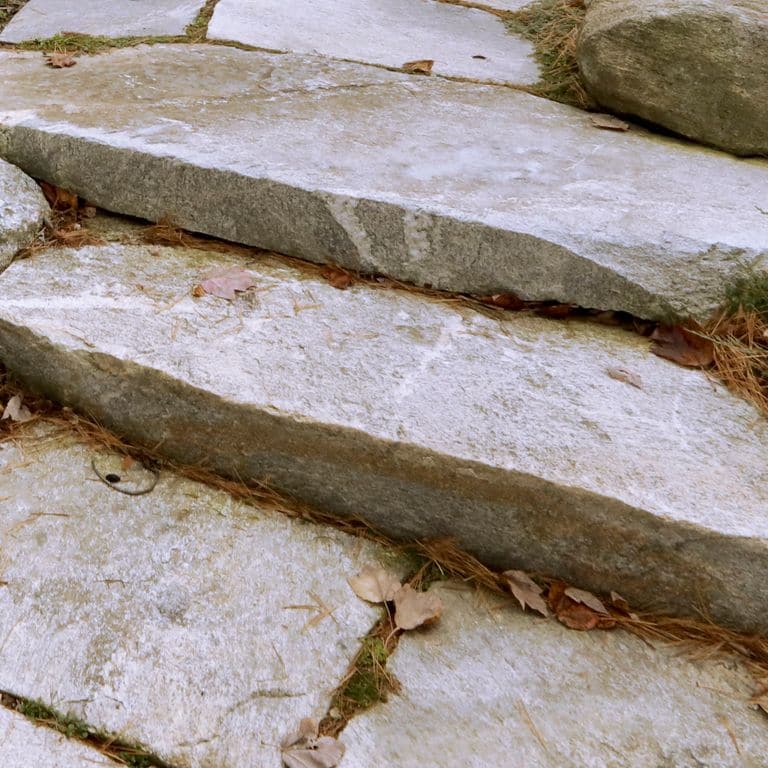 Close-up image for White Mountain Granite - Live Edge Steps. The surface finish shown is natural cleft. The dominant color shown is gray; with blue, brown and white secondaries. Exhibits "movement". Regular, fine speckled, blotched and veined color patterns.