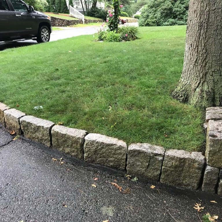 Feature image for Reclaimed New England Granite Cobblestones - Super Jumbo Edging. The image shows this product being used in a landscape curbing &amp; edging application. The dominant color shown is gray; with beige, black, brown, orange/rust, purple, white and tan secondaries. Exhibits "movement" and the color mix creates a warm feeling. Speckled and blotched color patterns.