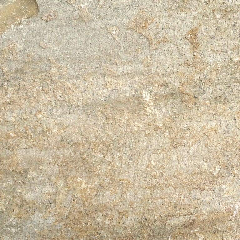 Swatch image cropped for Mandarin Yellow Slate - Irregular Pavers. The surface finish shown is natural. Dominant colors shown are beige and tan; with brown, orange/rust and cream secondaries. Exhibits "movement" and the color mix creates a warm feeling. Blotched, linear and cloudy color patterns.
