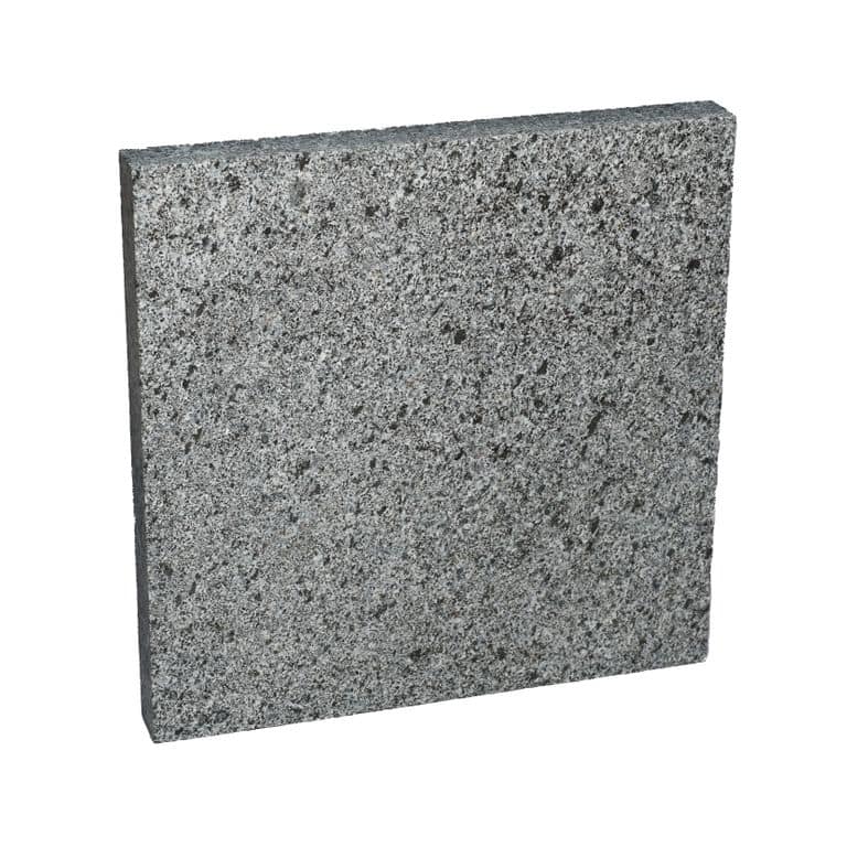 Oblique image for Republic Black Granite - Pavers. The surface finish shown is flamed. Dominant colors shown are black and gray. The color mix creates a cool feeling.