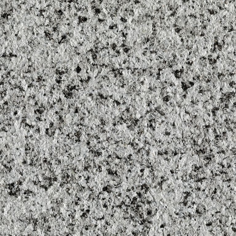 Swatch image cropped for Arizona Gray Granite - Pavers. The surface finish shown is sand blasted. Dominant colors shown are gray and white; with beige, black and green secondaries. The color mix creates a cool feeling. Coarse speckled color pattern. Contains some mica and mineral inclusions.