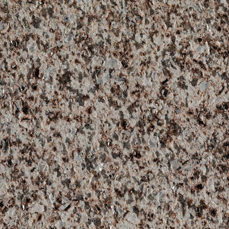 Color/Finish variation image for Masterpiece Yellow Granite - Full Bed Veneer. The surface finish shown is flamed. Dominant colors shown are brown and gray; with beige, black, green, orange/rust, purple and tan secondaries. The color mix creates a warm feeling. Coarse speckled color pattern.