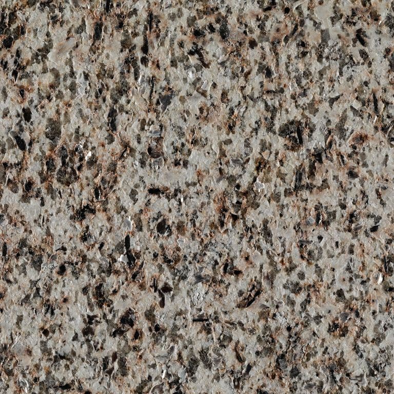 Color/Finish variation image for Masterpiece Yellow Granite - Full Bed Veneer. The surface finishes shown are flamed, polished and sand blasted. Dominant colors shown are brown and gray; with beige, black, green, orange/rust, purple and tan secondaries. The color mix creates a warm feeling. Coarse speckled color pattern.