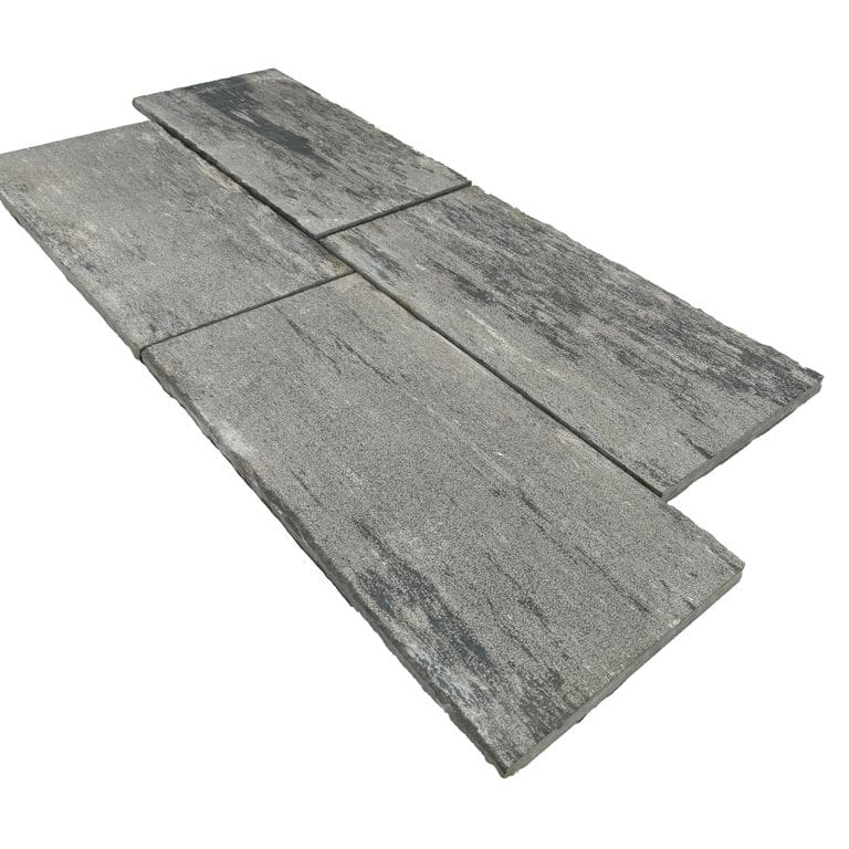 Color/Finish variation image for Black Schist - Pavers. The surface finish shown is bush hammered. The dominant color shown is gray. The color mix creates a cool feeling.