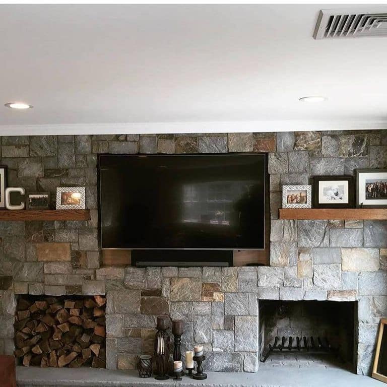 Application image for Granite - Nutmeg Ridge - Veneer. The image shows this product being used for full bed veneer, thin veneer and interior cladding. The dominant color shown is gray. The color mix creates a warm feeling.