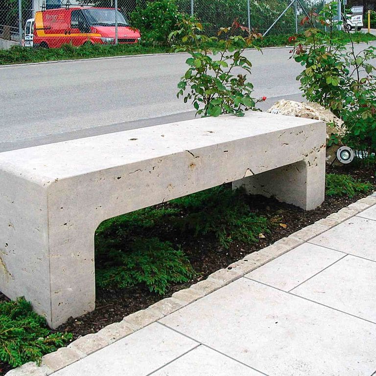 Application image for Bavarian Dolomite - Gray - Benches &amp; Seating. The image shows this product being used in a seating &amp; benches application. This is a building and landscape stone for indoor and outdoor commercial and residential applications. Suitable for general use, freeze-thaw conditions and low heat absorption surfaces situations. Moderate to higher on the price spectrum.