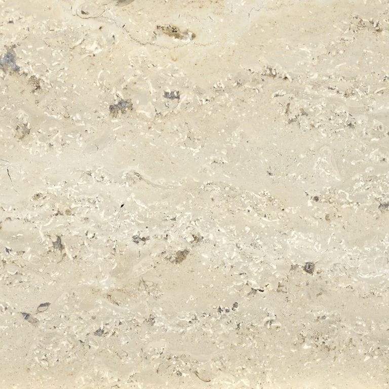 Swatch image cropped for Bavarian Travertine - Beige - Interior Floor. The surface finish shown is honed. Dominant colors shown are beige and tan; with a cream secondary. Exhibits "movement" and the color mix creates a warm feeling. Swirled and cloudy color patterns. Contains mineral inclusions.