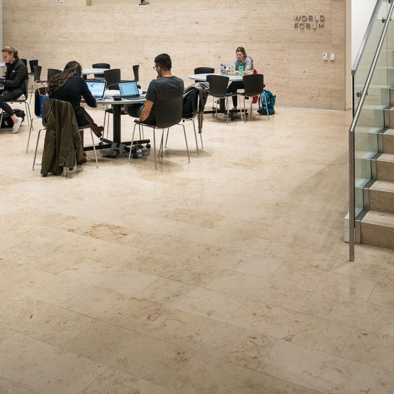 Feature image for Bavarian Travertine - Beige - Interior Floor. The image shows this product being used in an interior floor application. Dominant colors shown are beige and tan; with brown, orange/rust and cream secondaries. Exhibits "movement" and the color mix creates a warm feeling. Random, blotched, swirled and cloudy color patterns. Contains mineral inclusions.