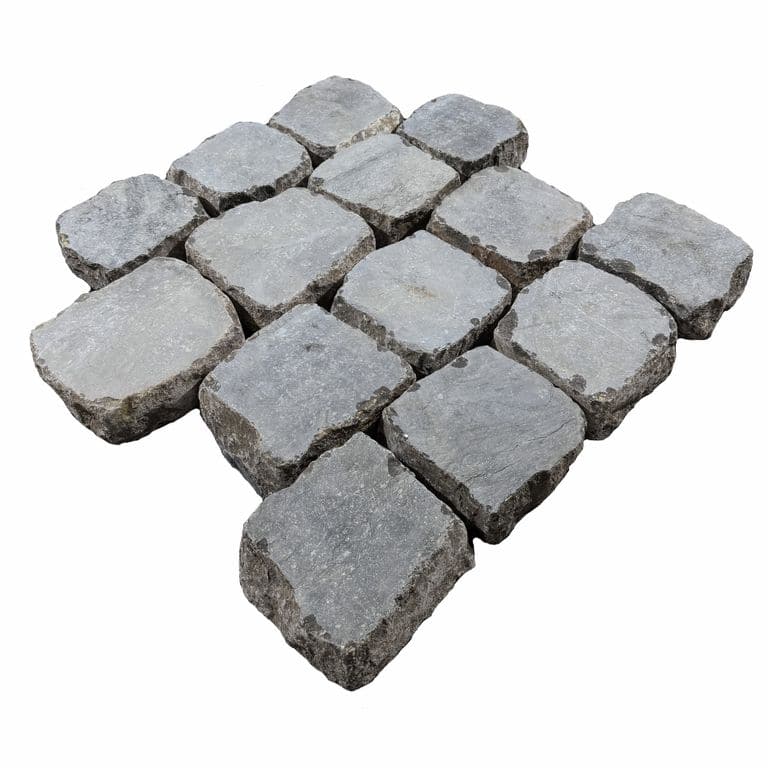 Application image for Reclaimed Belgian Bluestone Cobblestones - Flat Surface. The surface finish shown is sawn. The dominant color shown is gray. The color mix creates a cool feeling.