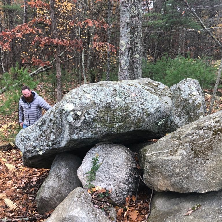 Application image for New England Fieldstone Boulders &amp; Ledgestone - Jumbo Boulders. The surface finish shown is weathered. The dominant color shown is gray; with beige, black, white and tan secondaries. Exhibits "movement" and the color mix creates a warm feeling. Veined color pattern.