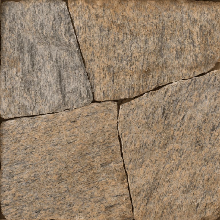 Close-up image for Litchfield Mountain Granite - Veneer. The surface finish shown is split-face with flat plane. Dominant colors shown are brown, orange/rust and tan; with beige and gray secondaries. Exhibits "movement" and the color mix creates a warm feeling. Regular, speckled, linear and streaked color patterns.