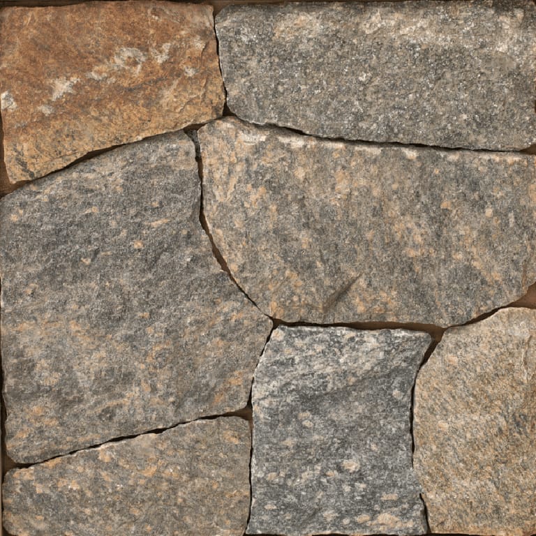 Best close-up image for Montauk Blend - Veneer. The surface finish shown is split-face with flat plane. Dominant colors shown are brown, orange/rust and tan; with a gray secondary. Exhibits "movement" and the color mix creates a warm feeling. Random color pattern.