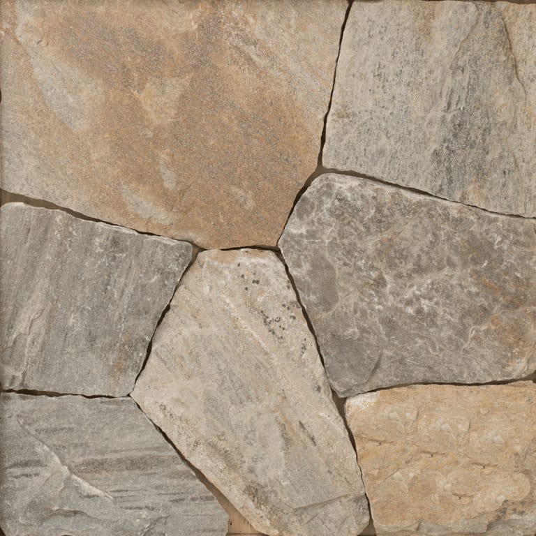 Close-up image for Sterling Tan Quartzite - Veneer. The surface finishes shown are natural and split-face with flat plane. Dominant colors shown are brown and tan; with beige, gray and orange/rust secondaries. Exhibits "movement" and the color mix creates a warm feeling. Random, blotched, linear and swirled color patterns.