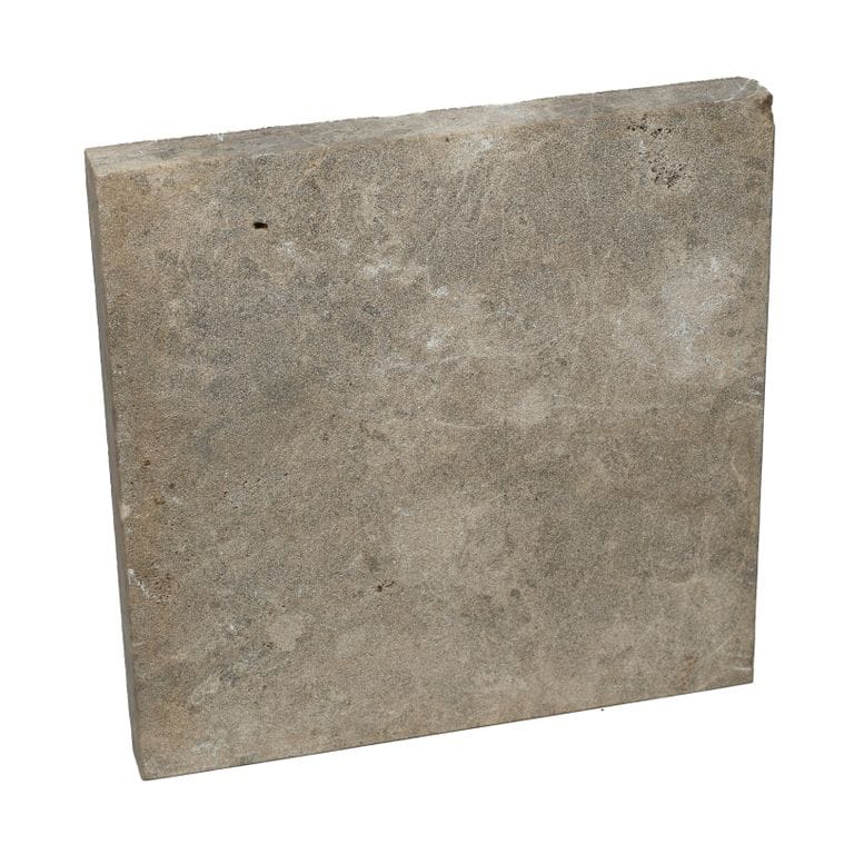 Color/Finish variation image for Bavarian Dolomite Gray Limestone - Pavers. The surface finish shown is sand blasted. Dominant colors shown are brown, gray and tan; with beige, green, gray, orange/rust and cream secondaries. Exhibits "movement" and the color mix creates a warm feeling. Blotched, random, cloudy and coarse speckled color patterns. Contains mineral inclusions.