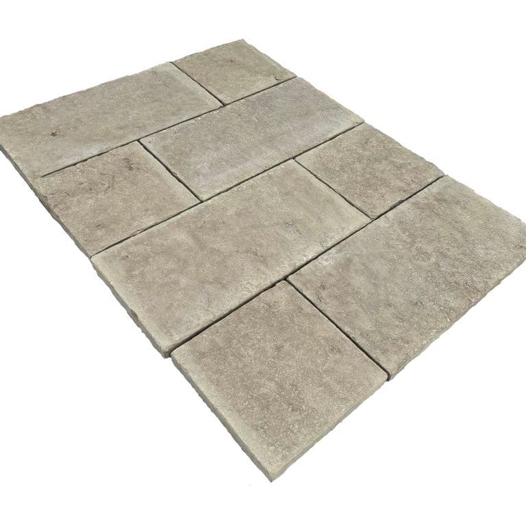Oblique image for Limestone - Madison - Pavers. The surface finish shown is flamed. The dominant color shown is gray. The color mix creates a warm feeling.