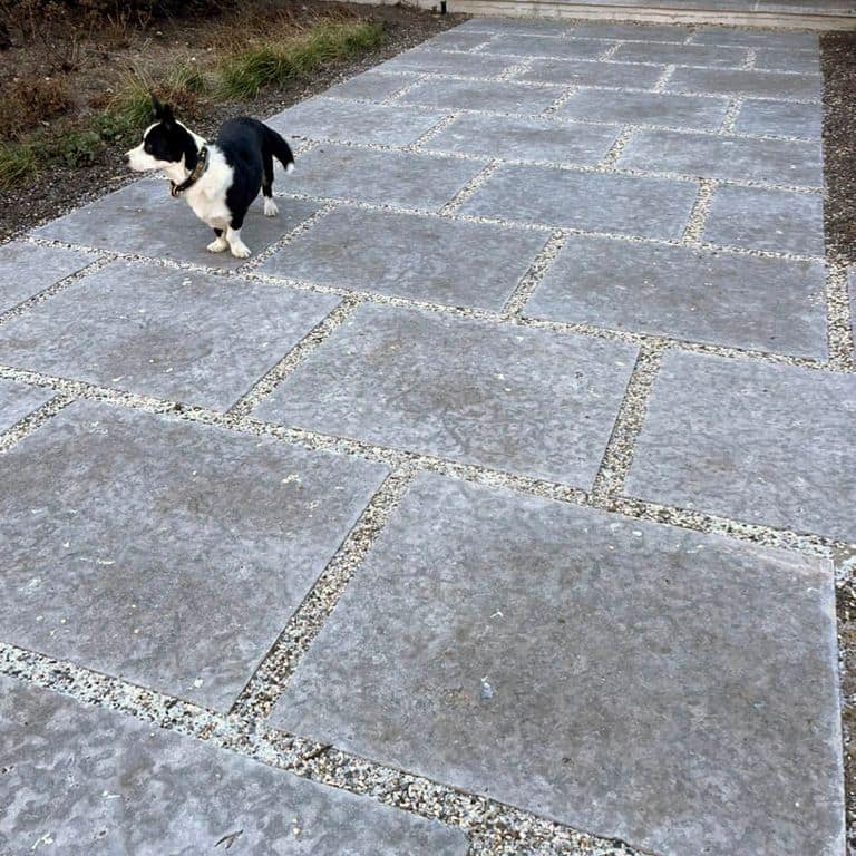 Application image for Madison Limestone - Pavers. The image shows this product being used in a path pavers application. The surface finish shown is flamed. Dominant colors shown are blue and gray. The color mix creates a cool feeling. Regular and blotched color patterns. Contains voids.