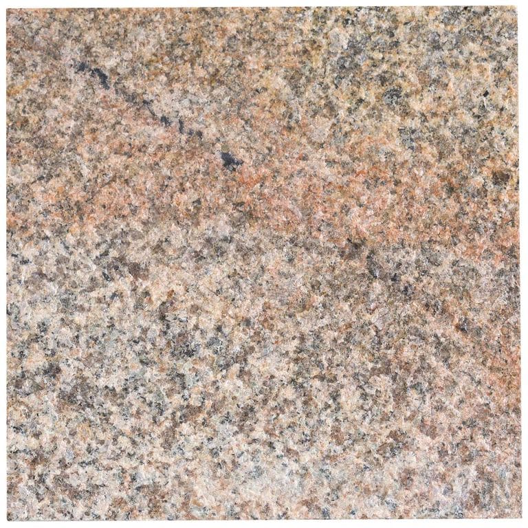 Swatch image cropped for Cape Neddick Granite Full Color - Live Edge Steps. The surface finish shown is flamed. Dominant colors shown are beige, gray, orange/rust and tan; with brown, pink, purple, white and cream secondaries. Exhibits "movement" and the color mix creates a warm feeling. Random, speckled, coarse speckled, blotched, veined and cloudy color patterns.