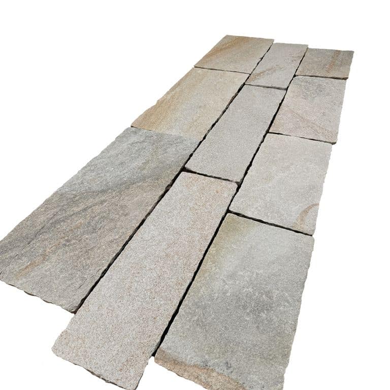 Color/Finish variation image for Pietra Italia Gneiss - Pavers. The surface finish shown is natural cleft. Dominant colors shown are gray and tan. The color mix creates a warm feeling.