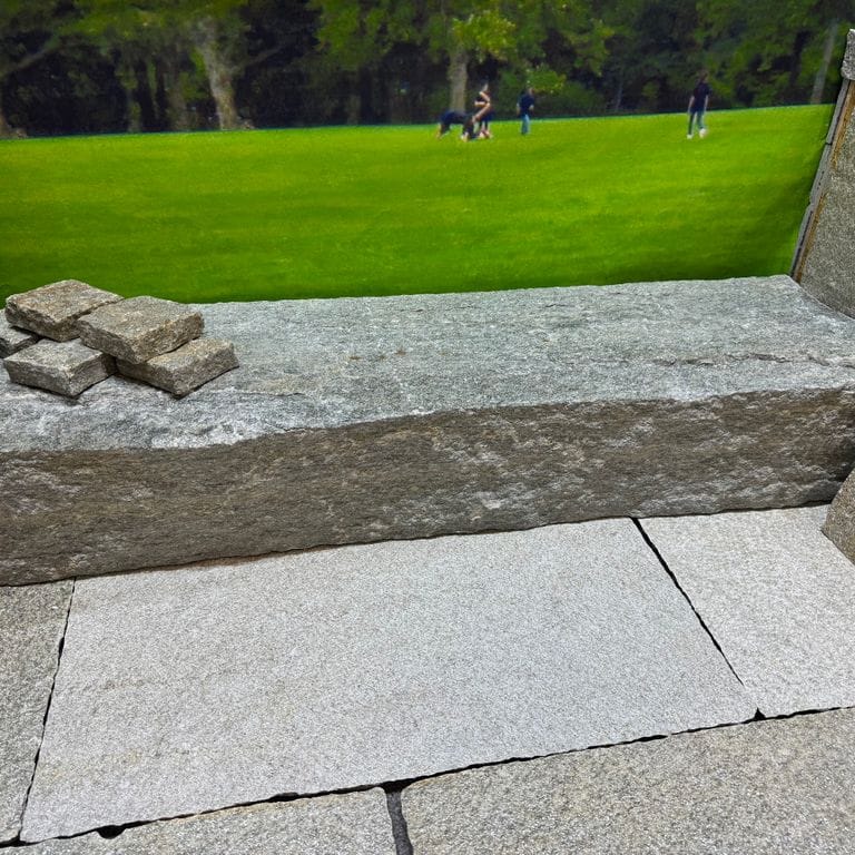 Feature image for Pietra Italia Gneiss - Monolithic Steps. The image shows this product being used in a monolithic steps application. The surface finish shown is natural cleft. Dominant colors shown are beige, gray and tan; with green, orange/rust, pink, purple, white, tan and cream secondaries. The color mix creates a warm feeling. Regular and cloudy color patterns.