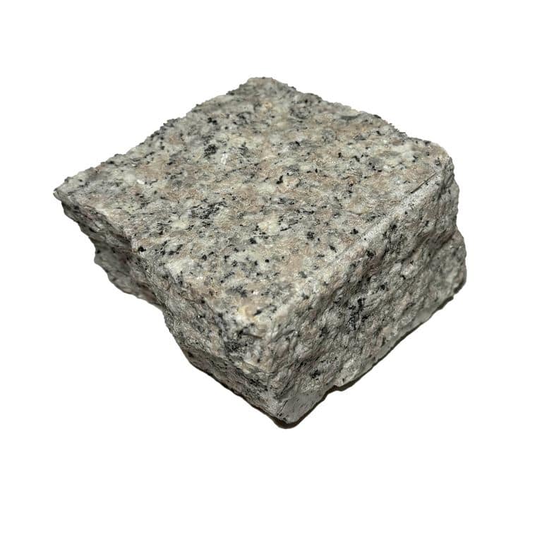 Oblique image for Salt &amp; Pepper Granite - Splitface Cobblestones. The surface finish shown is split-face. The dominant color shown is gray. The color mix creates a cool feeling.