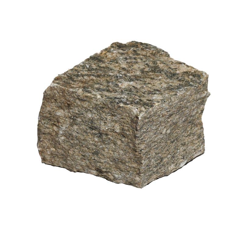 Oblique image for Pietra Italia Full Color Gneiss - Cobblestone Cubes. The surface finish shown is split-face. Dominant colors shown are brown and gray. The color mix creates a warm feeling.