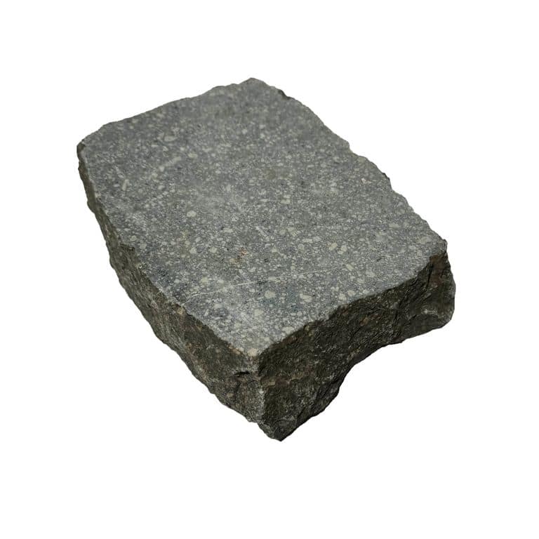 Oblique image for Porphyry - Reclaimed European Cobblestones - Rectangle - Flat Surface. The surface finish shown is sawn. The dominant color shown is gray.