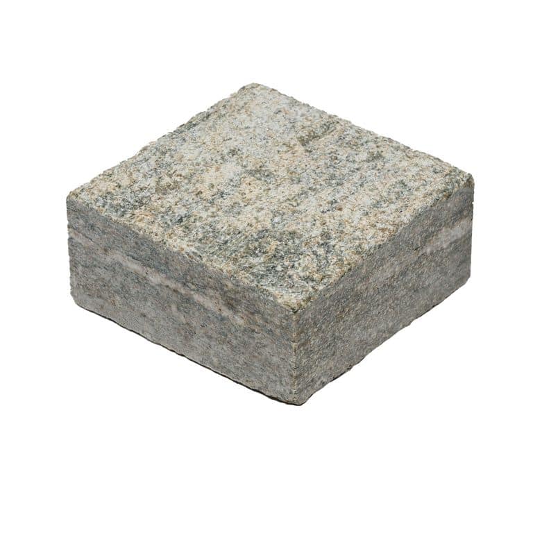 Color/Finish variation image for Pietra Italia Gneiss - Sandblasted Cobblestones. The surface finish shown is sand blasted. Dominant colors shown are gray and tan. The color mix creates a warm feeling.