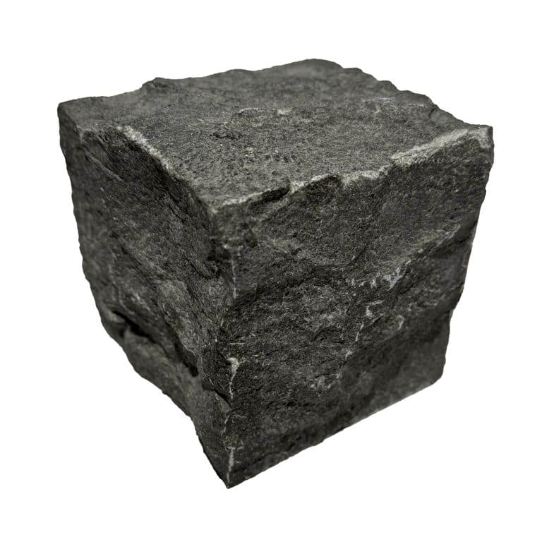 Oblique image for Highland Limestone Cobblestones - Square - Split Top, Split Sides. The surface finish shown is split-face. The dominant color shown is black.