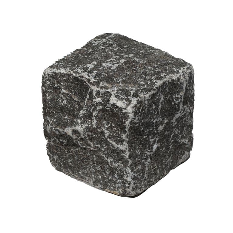 Oblique image for Limestone - Highland Cobblestones - Square - Split +Tumbled Top, Split +Tumbled Sides. The surface finish shown is . The dominant color shown is gray. The color mix creates a cool feeling.