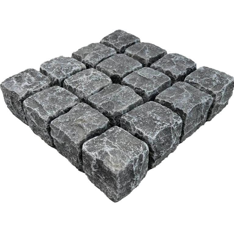 Feature image for Limestone - Highland Cobblestone - Square - Split +Tumbled Top, Split +Tumbled Sides. The surface finish shown is . Dominant colors shown are black and gray. The color mix creates a cool feeling.