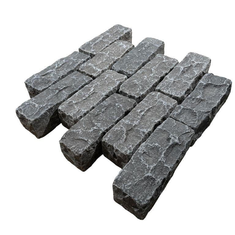 Feature image for Highland Limestone Cobblestones - Rectangle - Split &amp; Tumbled Top, Split &amp; Tumbled Sides. The surface finish shown is . Dominant colors shown are black and gray. The color mix creates a cool feeling.