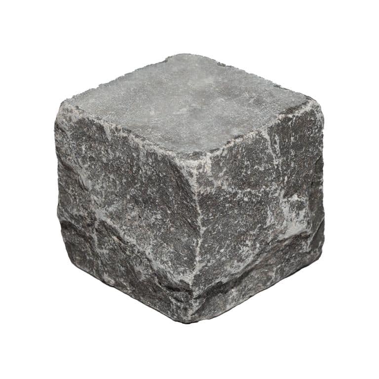 Oblique image for Highland Limestone Cobblestones - Square - Sawn &amp; Tumbled Top, Split &amp; Tumbled Sides. The surface finish shown is . Dominant colors shown are black and gray. The color mix creates a cool feeling.