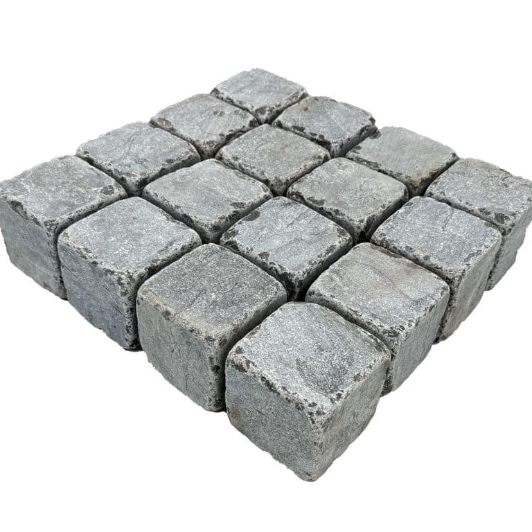 Feature image for Highland Limestone Cobblestones - Square - Sawn &amp; Tumbled Top, Sawn &amp; Tumbled Sides. The surface finish shown is . The dominant color shown is gray. The color mix creates a cool feeling.
