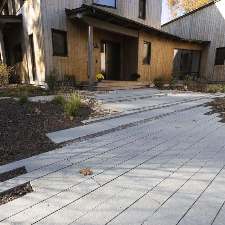 Feature image for Limestone - Polar Gray - Dimensional Cut Pavers. The image shows this product being used in a path pavers application. The dominant color shown is gray. The color mix creates a cool feeling.