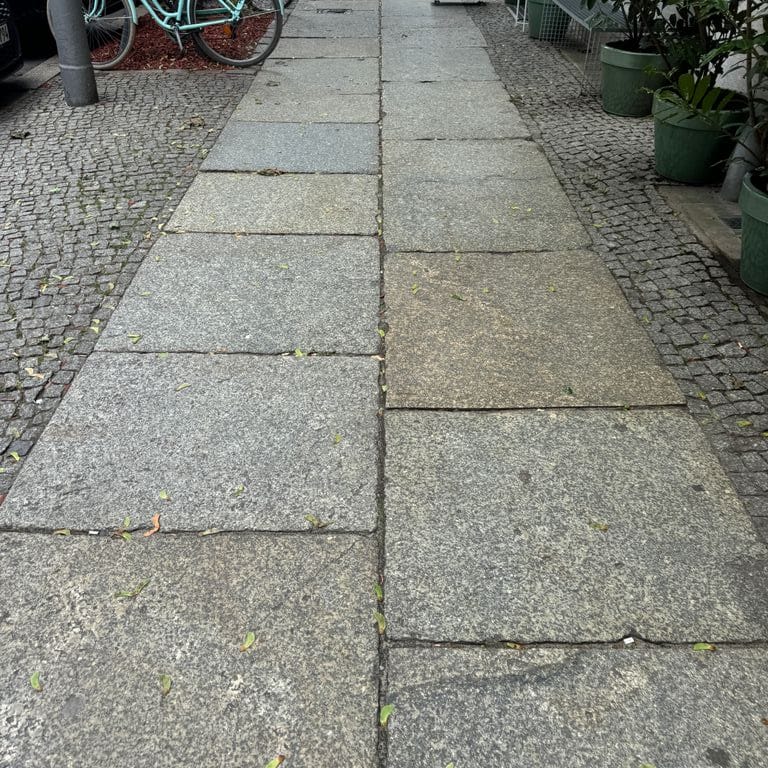 Application image for Granite - Reclaimed Berlin Sidewalk Stones. The image shows this product being used in a path pavers application. The surface finish shown is . The dominant color shown is gray. The color mix creates a warm feeling.