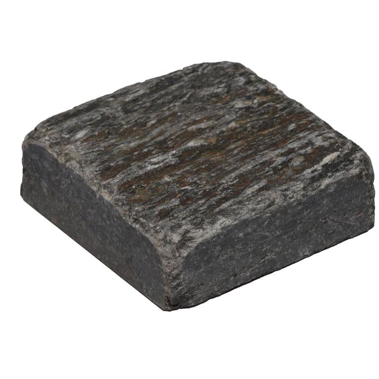 Oblique image for Black Shale Tumbled Cobblestones - Squares. The surface finish shown is tumbled. Dominant colors shown are black and gray. The color mix creates a cool feeling.