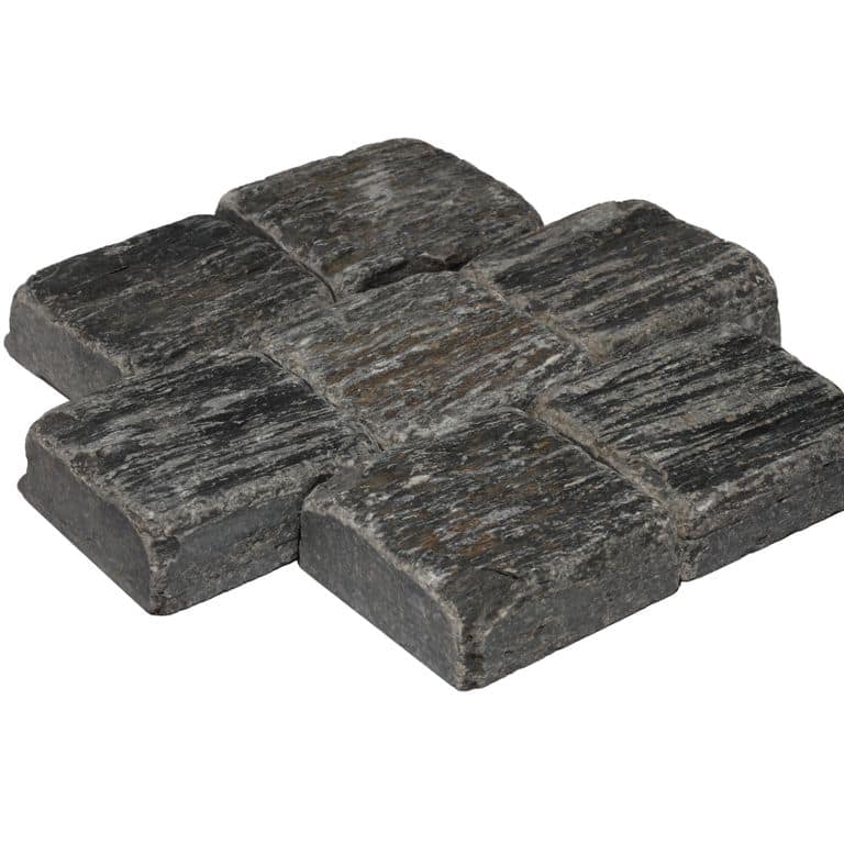 Feature image for Black Shale Tumbled Cobblestones - Squares. The surface finish shown is tumbled. Dominant colors shown are black and gray. The color mix creates a cool feeling.