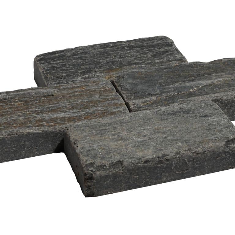 Feature image for Black Shale Tumbled Cobblestones - Rectangles. The surface finish shown is tumbled. Dominant colors shown are black and gray. The color mix creates a cool feeling.