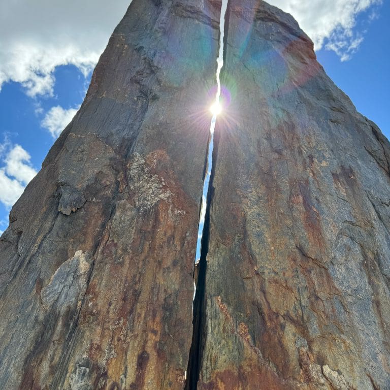 Application image for Black Schist - Megaliths and Standing Stones. The image shows this product being used for garden accents and sculpture &amp; carvings. The surface finish shown is natural cleft. Dominant colors shown are gray and orange/rust. The color mix creates a cool feeling.