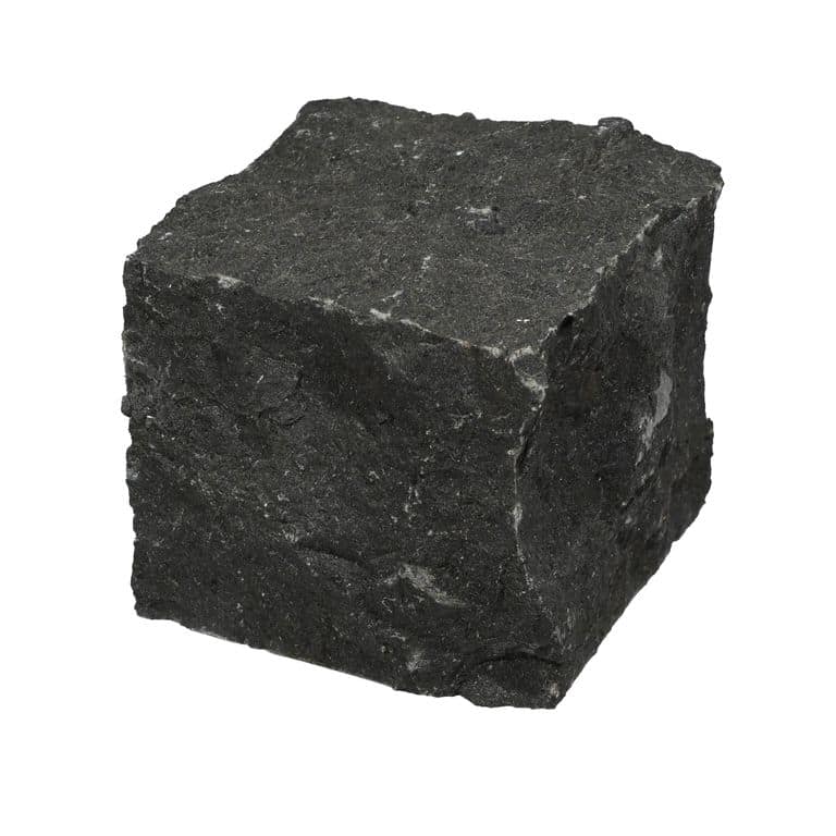 Oblique image for Nordic Black Basalt Cobblestones - Cubes - Split Top, Split Sides. The surface finish shown is split-face. The dominant color shown is black.