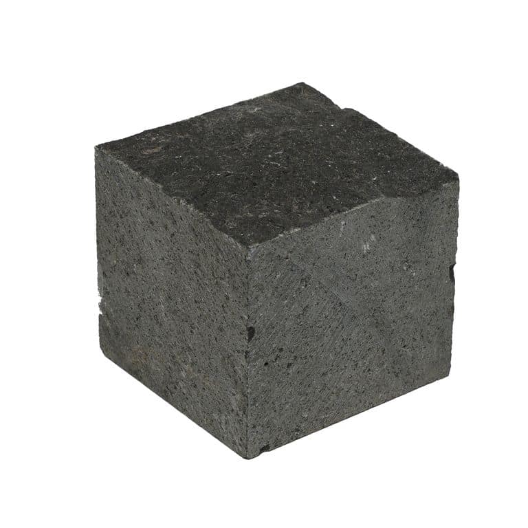 Oblique image for Nordic Black Basalt Cobblestones - Cubes - Split Top, Sawn Sides. The surface finish shown is split-face. The dominant color shown is black. The color mix creates a cool feeling.