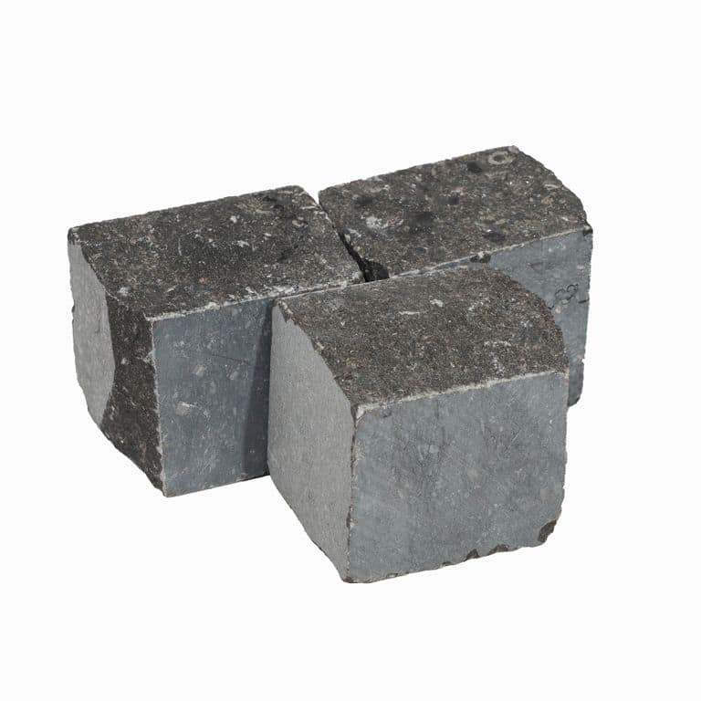 Oblique image for Belgian Bluestone - Cobblestone. The surface finish shown is split-face. Dominant colors shown are black and gray. The color mix creates a cool feeling.