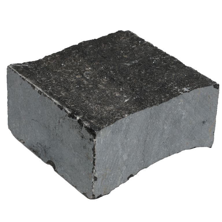 Oblique image for Belgian Bluestone - Cobblestone. The surface finish shown is split-face. Dominant colors shown are black and gray. The color mix creates a cool feeling.