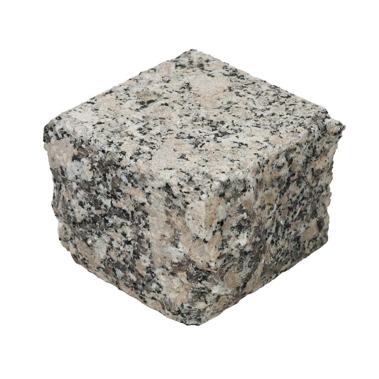 Oblique image for Lapa Gray Granite - Sandblasted Cobblestones. The surface finish shown is sand blasted. The dominant color shown is gray. The color mix creates a warm feeling.