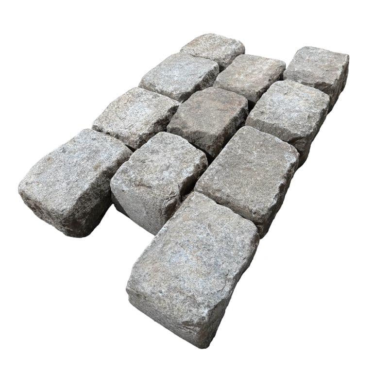 Oblique image for Reclaimed New England Cobblestones - Medium Wide Side. The surface finish shown is . The dominant color shown is gray. The color mix creates a cool feeling.